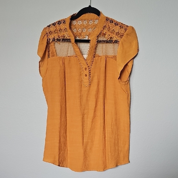 Perch Blu Pepper 1X Yellow Cap Sleeve Blouse with Mandarin Collar - Picture 1 of 7